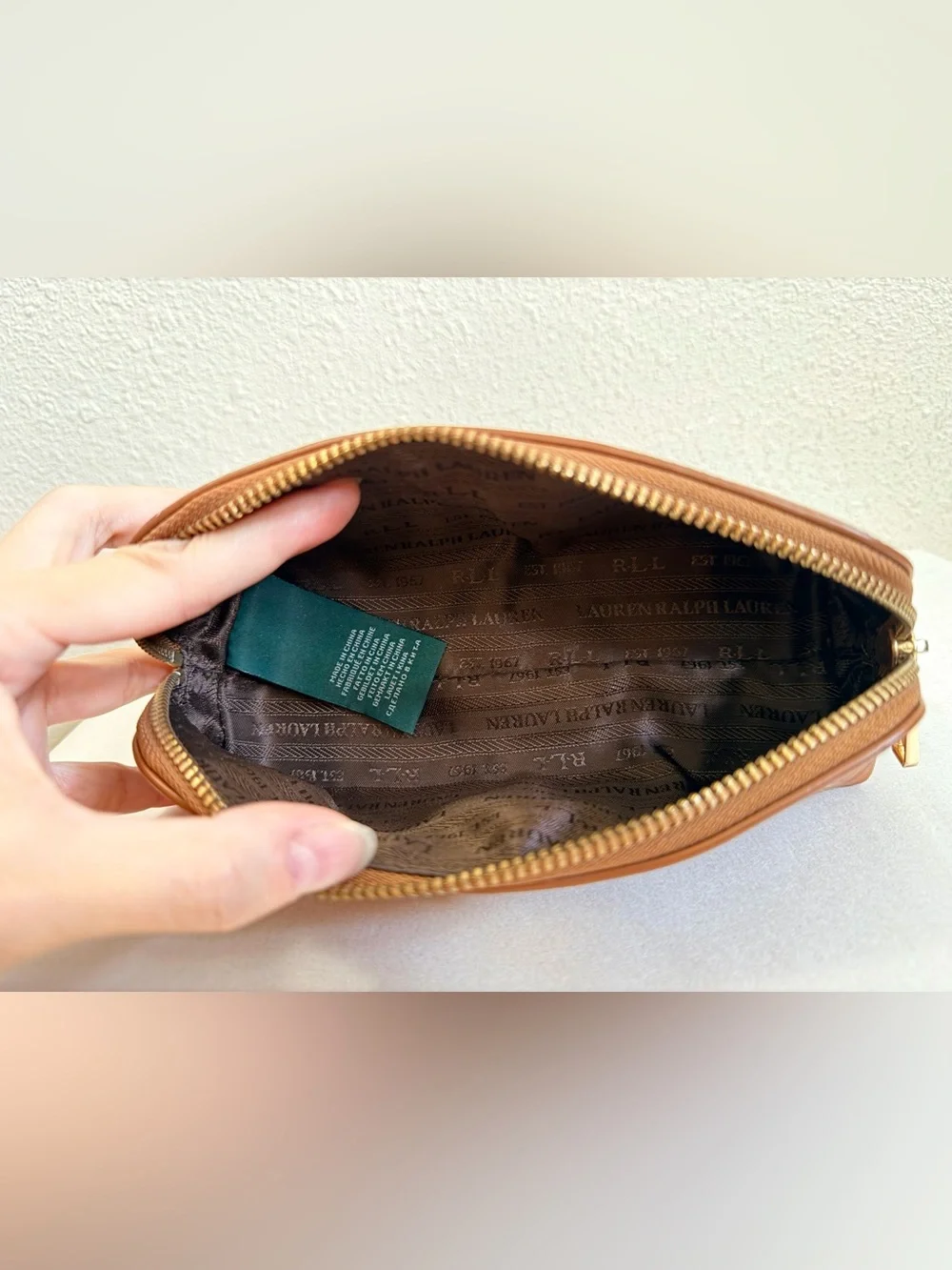 Lauren Ralph Lauren Brown Textured Makeup Cosmetic Pencil Case Gold Hardware